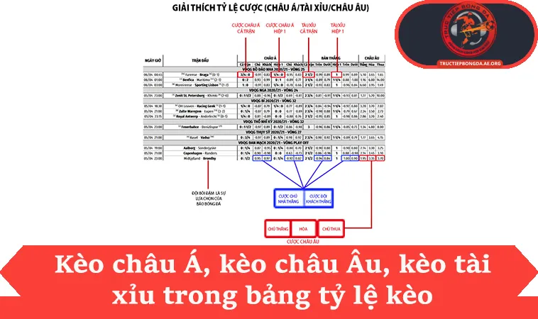 Kèo châu Á, kèo châu Âu, kèo tài xỉu trong bảng tỷ lệ kèo
